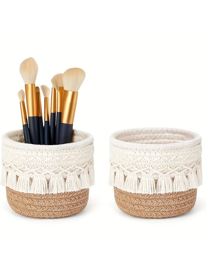 Light Cream Hand Woven Storage Basket With Tassel Desktop Organizer For Cosmetics Pens Art Supplies - Image 1
