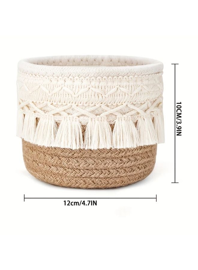 Light Cream Hand Woven Storage Basket With Tassel Desktop Organizer For Cosmetics Pens Art Supplies - Image 4