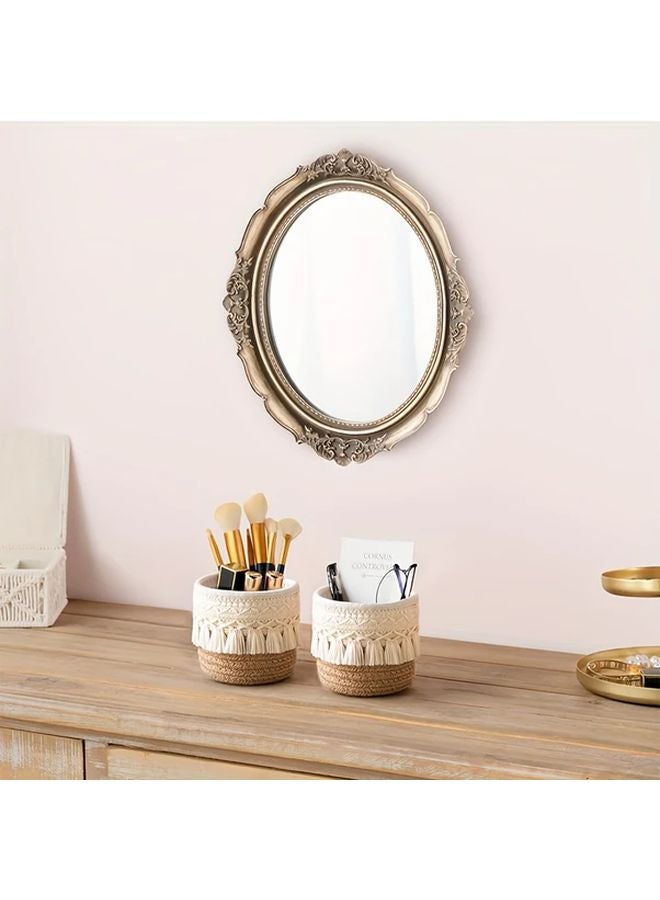 Light Cream Hand Woven Storage Basket With Tassel Desktop Organizer For Cosmetics Pens Art Supplies - Image 3