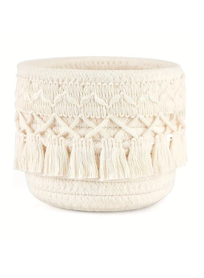 Light Cream Hand Woven Storage Basket With Tassel Desktop Organizer For Cosmetics Pens Art Supplies - Image 2