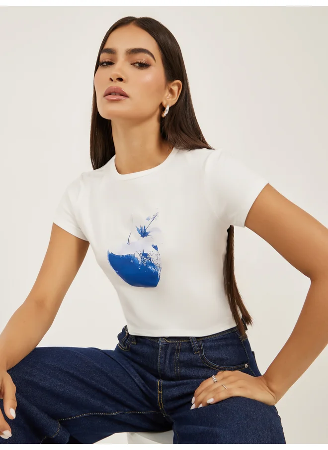 Styli Styli Graphic Print Short Sleeve Fitted T-Shirt