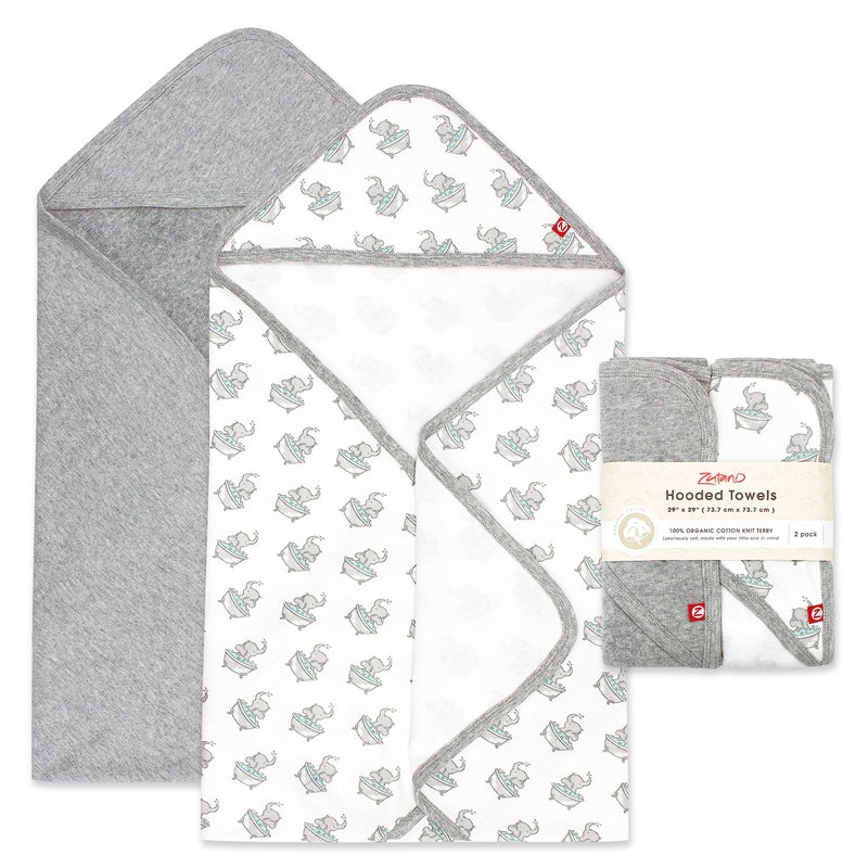 Zutano Hooded Baby Towels, Organic Cotton Baby Bath Towel, Ultra Soft and Absorbent Baby Towel for Newborn and Infant | Girl, Boy, and Unisex Towel Set, Elephant Bath Time, 2-Pack - Image 1