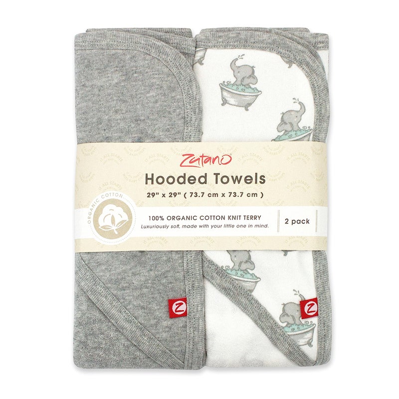 Zutano Hooded Baby Towels, Organic Cotton Baby Bath Towel, Ultra Soft and Absorbent Baby Towel for Newborn and Infant | Girl, Boy, and Unisex Towel Set, Elephant Bath Time, 2-Pack - Image 2