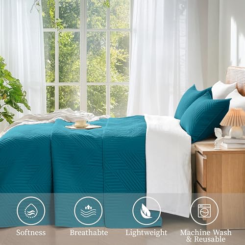 Davulos Full/Queen Quilt Set in Teal, Soft Reversible Microfiber Bedspread for All-Season Use, Lightweight Coverlet with Modern Geometric Pattern (1 Quilt, 2 Pillow Shams) - Image 4