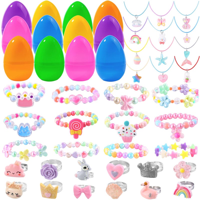 Vellibring 12 Pack Prefilled Easter Eggs with 36 pcs Cute Bracelets Necklaces Rings Easter Basket Stuffers Egg Fillers for Girls Party Favors Kids Toddler Presents - Image 1