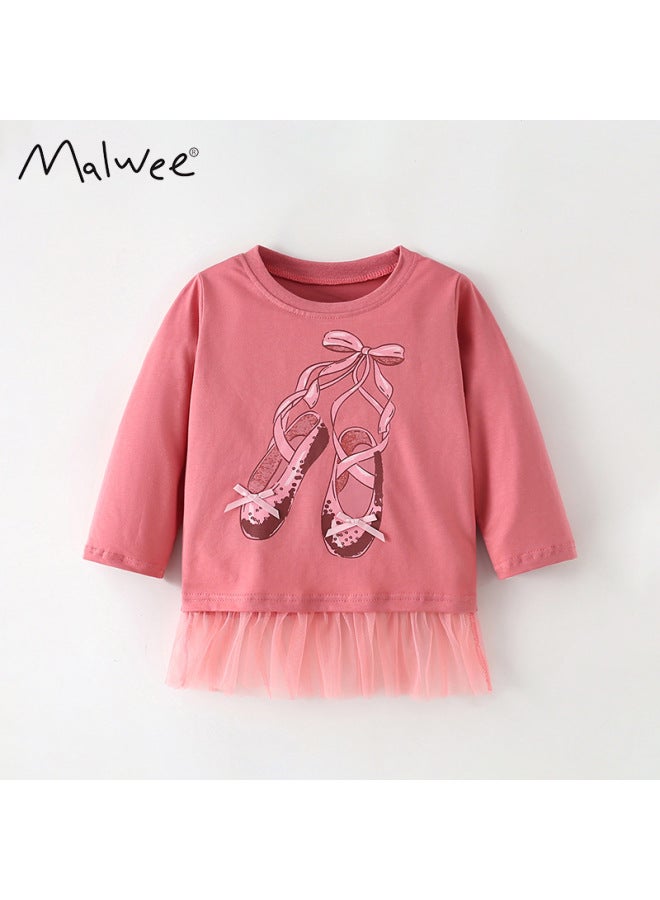 Malwee Girls Flared T-shirt Autumn New Arrival European And American Style Round Neck Printed Fashionable Children's Top