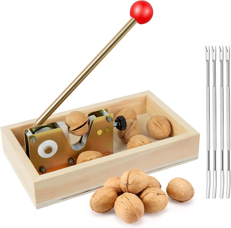 Nizodo NutCracker Tool Heavy Duty Nut Cracker with Wooden Base Adjustable Nut Tongs Manual Nut Crackers for All Nuts Cracker Tool for Walnut Pecan Macadamia Hazelnuts Chestnut, 4 Picks Included - Image 1