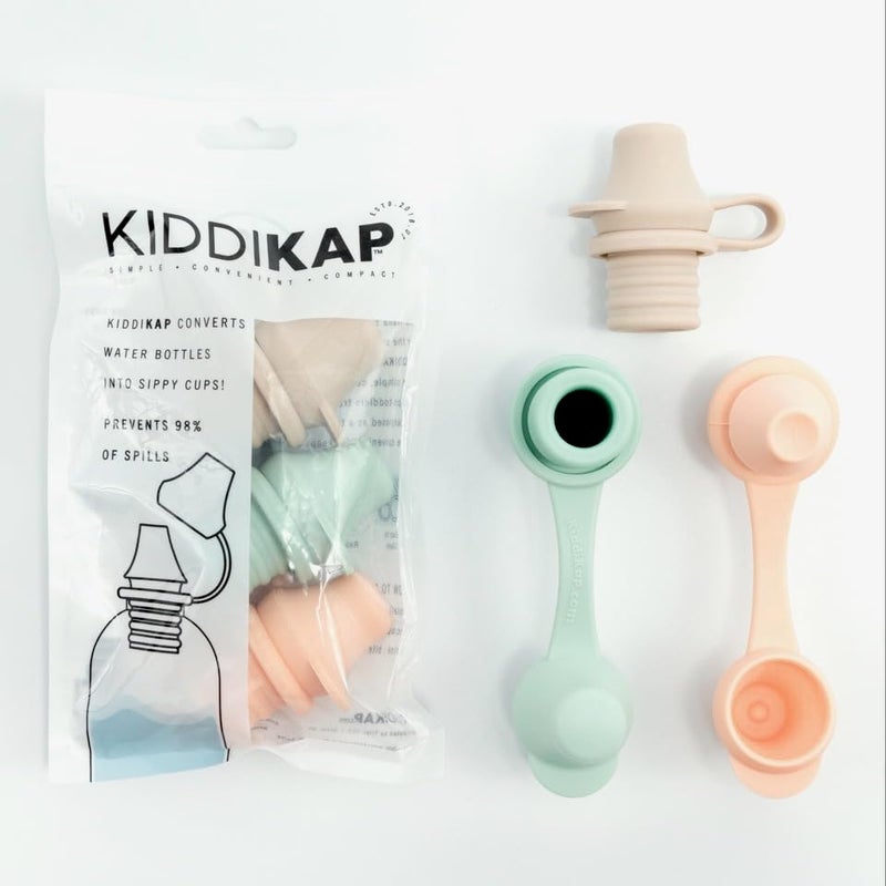 Kiddikap - Water Bottle Spout Adapter for Kids, Babies, & Adults - 3-Pack Set, 98% Leak-Proof, No-Spill Design, BPA-Free, Reusable, & Easy-to-Use, (Sage, Sand & Peach) - 4mm Slit - Image 1