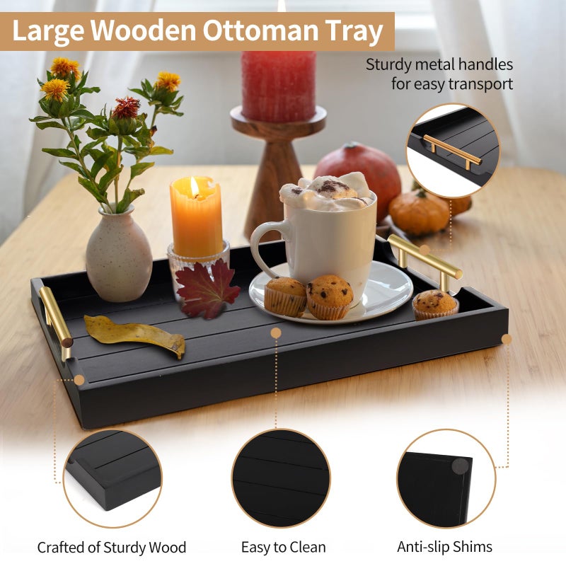 SXNOWS Coffee Table Trays - Large Ottoman Tray for Living Room -Wood Serving Tray with 2 Sets of Handles - Wooden Tray for Coffee Table, 4 Round Coasters Included, Black - Image 2