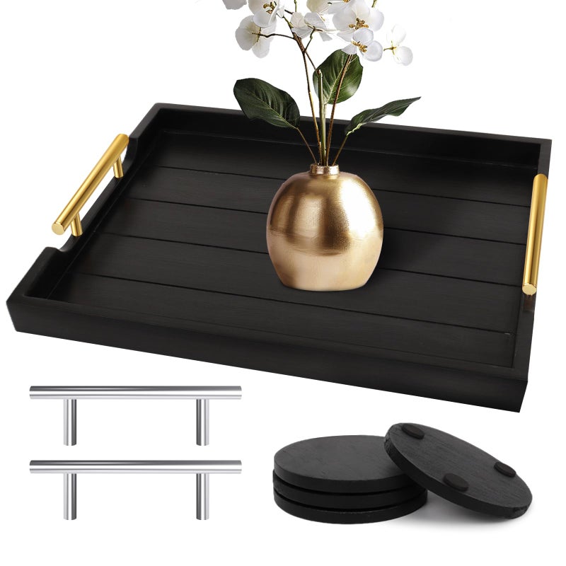 SXNOWS Coffee Table Trays - Large Ottoman Tray for Living Room -Wood Serving Tray with 2 Sets of Handles - Wooden Tray for Coffee Table, 4 Round Coasters Included, Black - Image 1