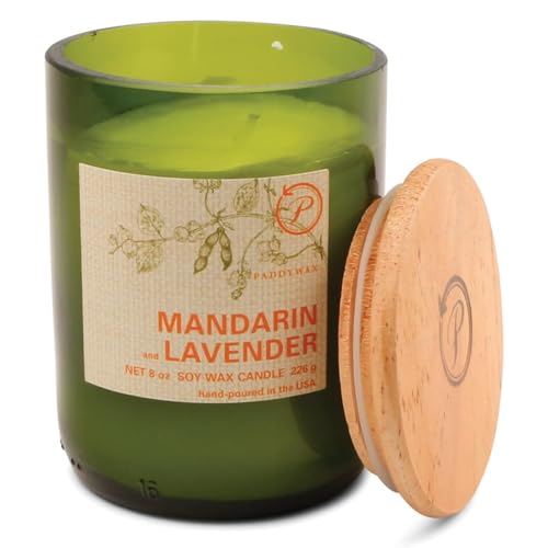 Paddywax Eco Collection Scented Soy Wax Candle in Glass Jar, Mandarin & Lavender Fragrance, Green Vessel with Wood Lid, 8 oz - Image 1