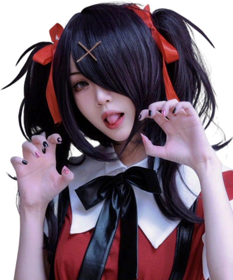 Black Ponytail Wig with Bangs Short Curly Black Anime Lolita Cosplay Wigs Hairpins Red Ribbons Hair Net for Women Halloween Party