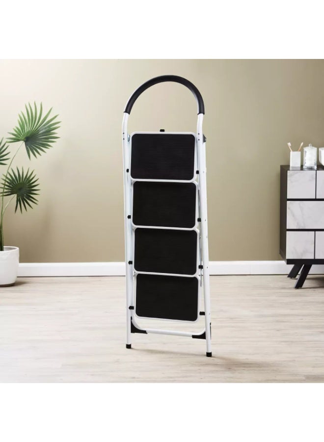 C&Z 4 Step Folding Step Stool Ladder with Handrails – Heavy Duty Steel, Anti-Slip Wide Pedal, Lightweight Collapsible Portable Step Ladder for Adults – White - Image 1