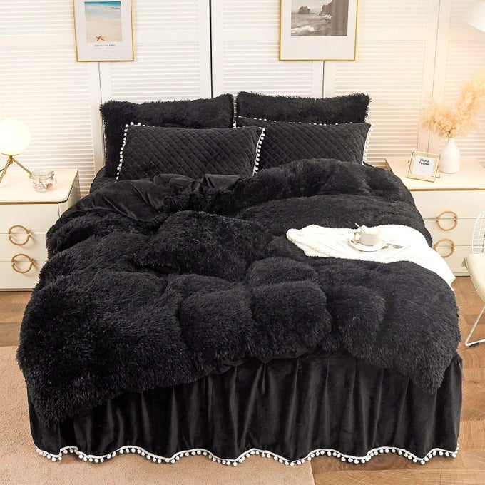LUXURY PLUSH SHAGGY DUVET COVER SET SOFT VELVET FLUFFY FURRY DUVET COVER SET1 FAUX FUR FUZZY COMFORTER COVER 2 POM POMS PILLOW CASES SOLID BEDDING SET ZIPPER CLOSUREFULLQUEEN BLACK