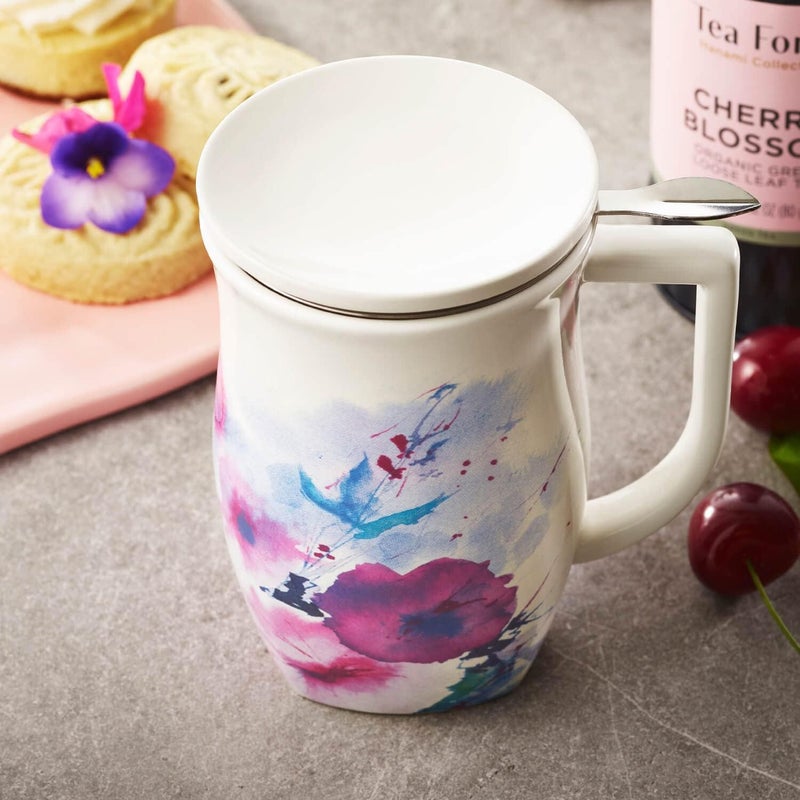 Tea Forte Ceramic Fiore Cup with Handle, Removeable Stainless Steel Infuser Basket and Lid, Steeps 14 oz Loose Leaf Tea, Dishwasher & Microwave Safe, Verbena Blossom - Image 3