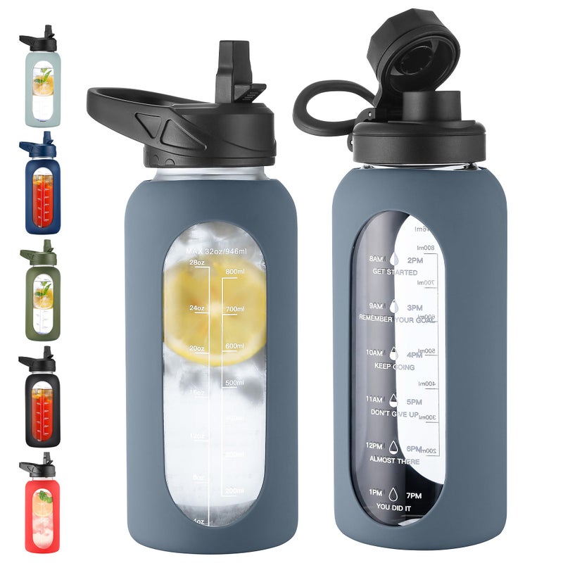CIVAGO 32 oz Glass Water Bottle with Straw and Handle, Large Sports Motivational Water Bottle Flask with Time Marker and 2 Lids, Leakproof Water Jug Canteen with Silicone Sleeve for Gym,Smog Blue - Image 1