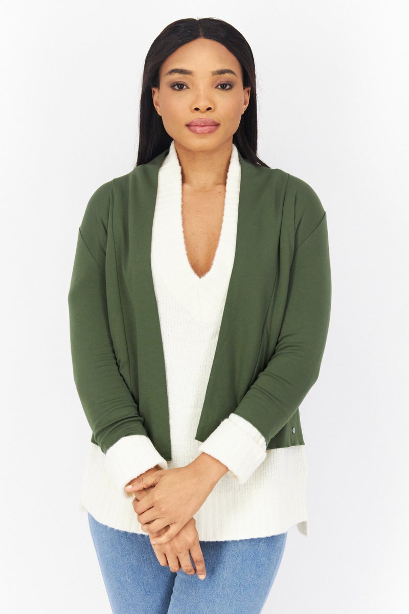 Zero Women Split Neck Long Sleeves Plain Top, Olive - Image 1