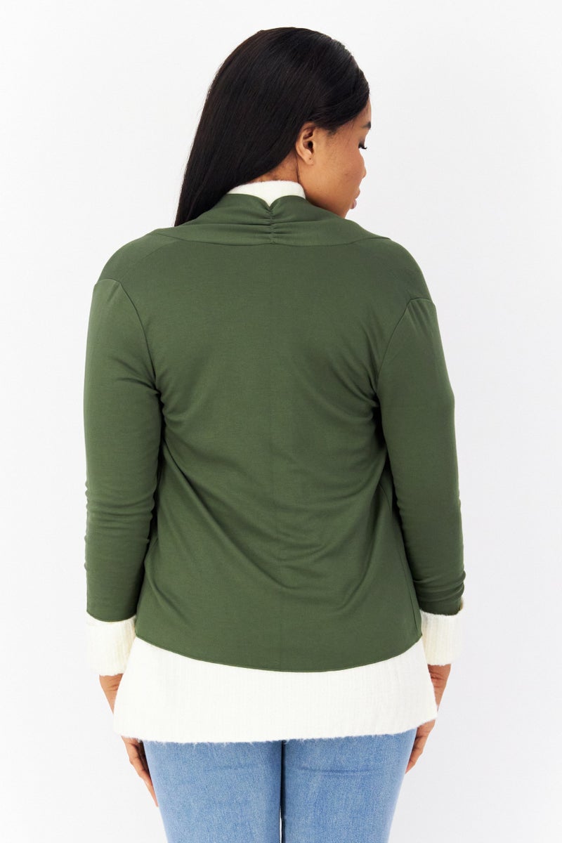Zero Women Split Neck Long Sleeves Plain Top, Olive - Image 2