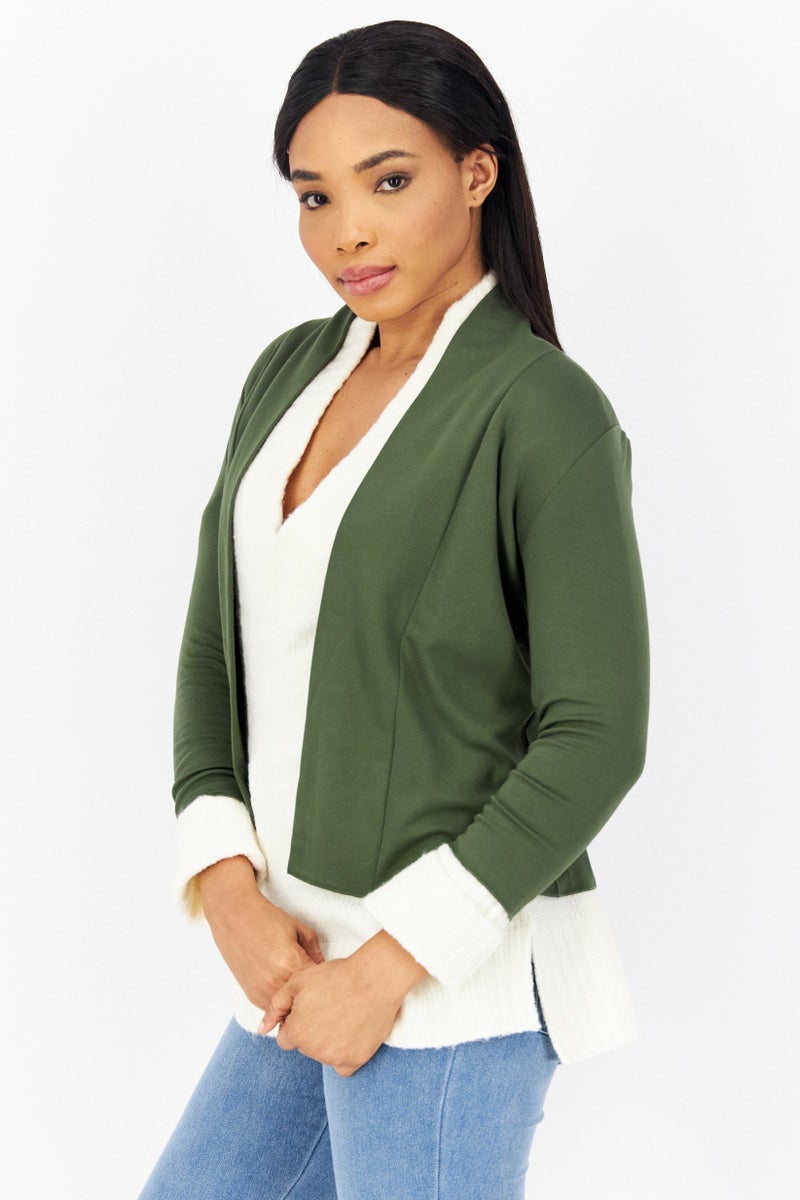 Zero Women Split Neck Long Sleeves Plain Top, Olive - Image 3