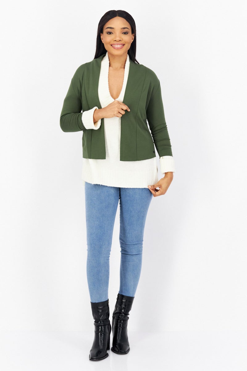 Zero Women Split Neck Long Sleeves Plain Top, Olive - Image 4