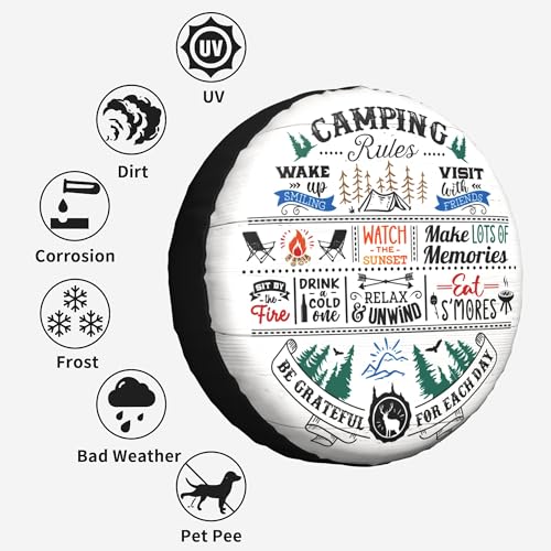 kdkdua Camping Rules Rv Spare Tire Cover, Camper Spare Tire Cover for RV Trailer, Camper Wheel Protectors Weatherproof Universal for Trailer Rv SUV Truck Travel Trailers (17 inch) - Image 2