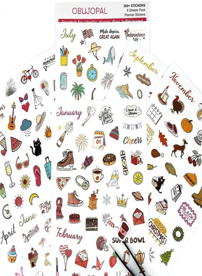 Obujopal Planner Stickers, 365 Pcs Daily Weekly Monthly Holiday Seasonal Calendar Stickers for Bullet Journal Scrapbook Diary Notebook Envelope Card Craft Decoration - Image 3