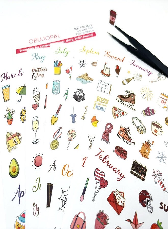 Obujopal Planner Stickers, 365 Pcs Daily Weekly Monthly Holiday Seasonal Calendar Stickers for Bullet Journal Scrapbook Diary Notebook Envelope Card Craft Decoration - Image 2