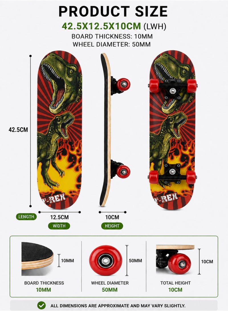 Toshionics Kids Complete Skateboard T-Rex Dinosaur Graphic 42.5cm 7-Ply Maple Deck With Heavy-Duty Aluminum Trucks PU Wheels - Image 2