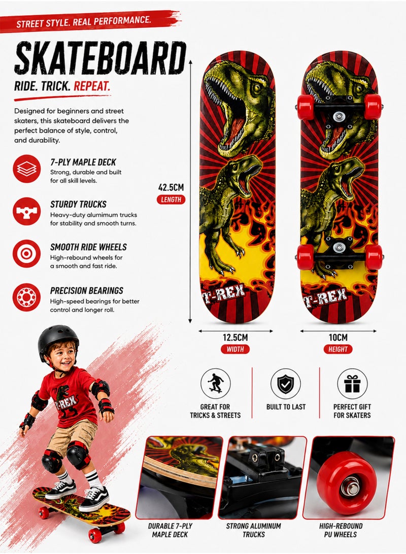 Toshionics Kids Complete Skateboard T-Rex Dinosaur Graphic 42.5cm 7-Ply Maple Deck With Heavy-Duty Aluminum Trucks PU Wheels - Image 3