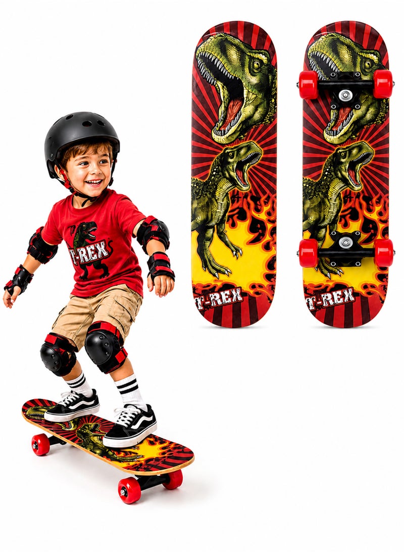 Toshionics Kids Complete Skateboard T-Rex Dinosaur Graphic 42.5cm 7-Ply Maple Deck With Heavy-Duty Aluminum Trucks PU Wheels - Image 1