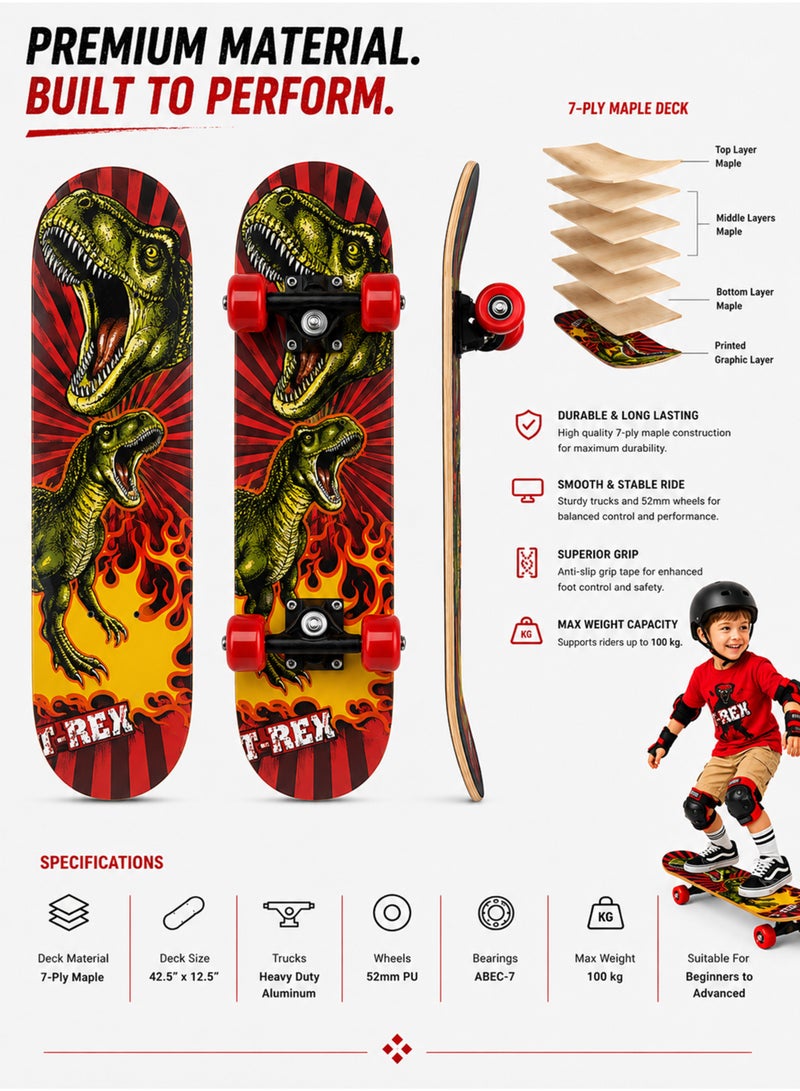Toshionics Kids Complete Skateboard T-Rex Dinosaur Graphic 42.5cm 7-Ply Maple Deck With Heavy-Duty Aluminum Trucks PU Wheels - Image 4