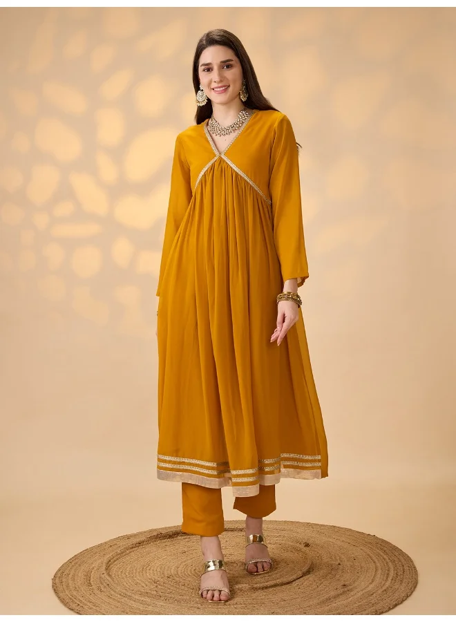 جلو باص Women Mustard V-Neck Gathered Gotta Patti Detail Flared A-Line Alia Cut Kurta With Pants Festive Set