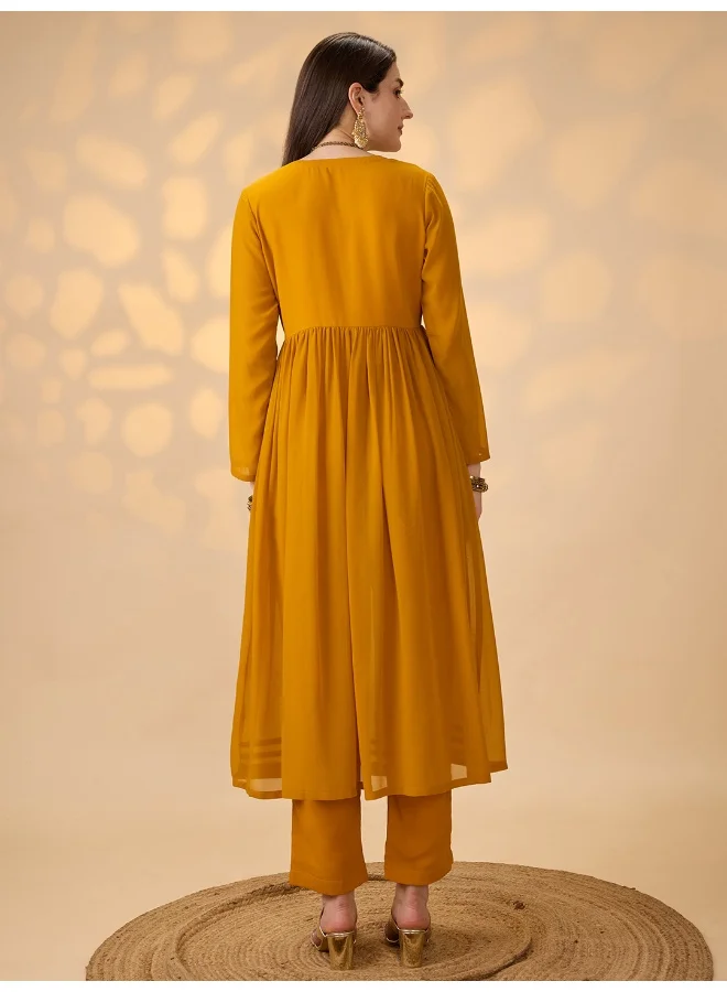 globus Women Mustard V-Neck Gathered Gotta Patti Detail Flared A-Line Alia Cut Kurta With Pants Festive Set