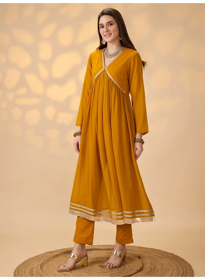 جلو باص Women Mustard V-Neck Gathered Gotta Patti Detail Flared A-Line Alia Cut Kurta With Pants Festive Set