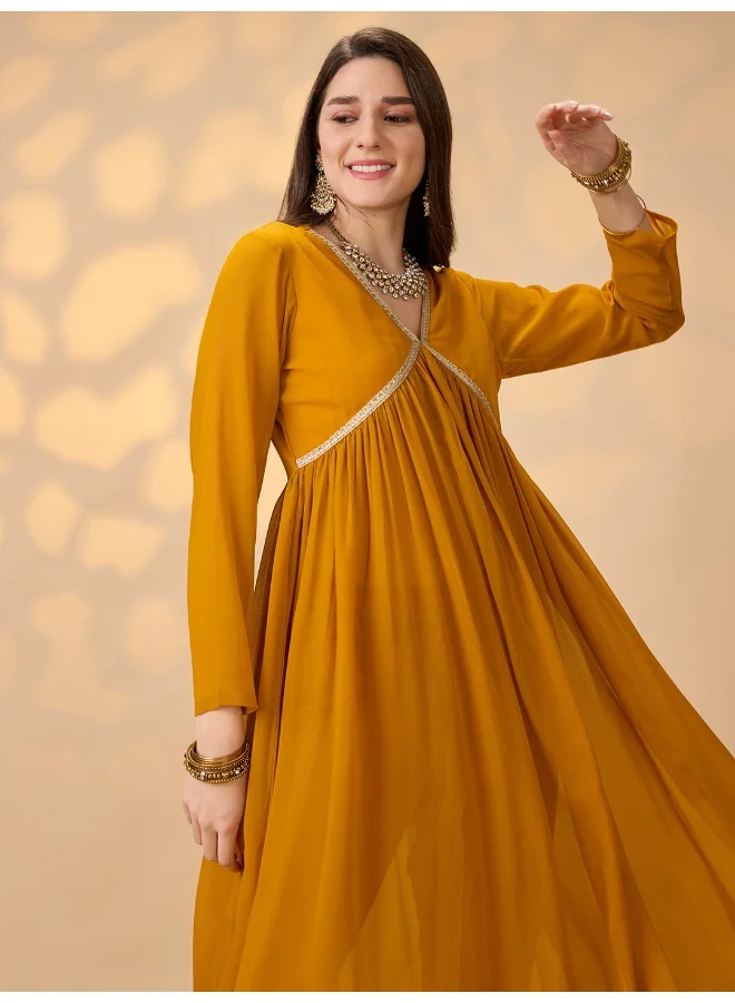 globus Women Mustard V-Neck Gathered Gotta Patti Detail Flared A-Line Alia Cut Kurta With Pants Festive Set