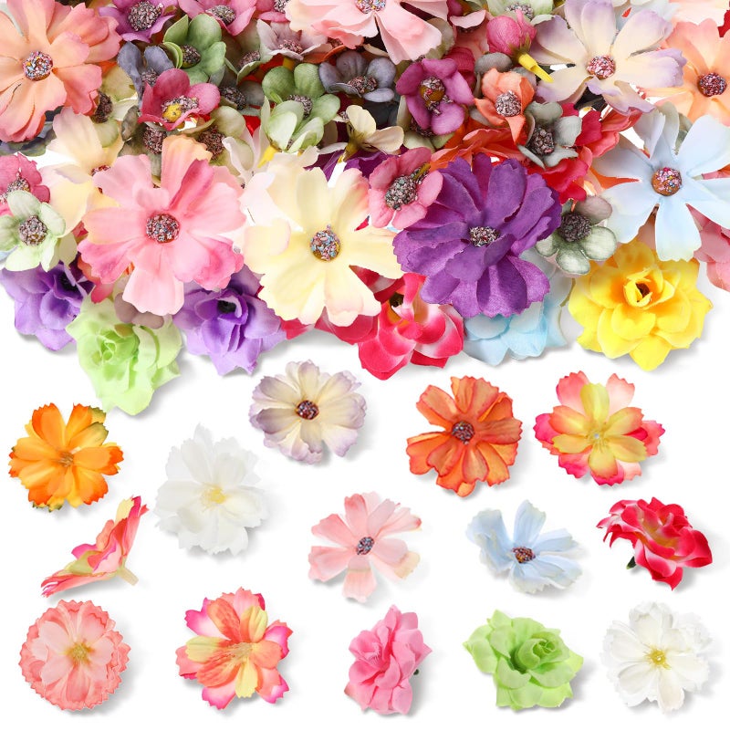 Geosar 100 Pcs Faux Flower Heads Artificial Flowers Head Mini Fake Rose Daisy Peony Plum Blossom Halloween Fabric DIY Decoration Artificial Daisy Craft for Wedding Home Garland
