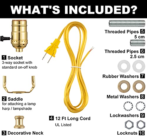 Qc Lamp Rewire Kit, Lamp Kits for Do It Yourself, Lamp Repair Kit with 3-Way Lamp Socket and Essential Hardware, 12 Ft Lamp Cord Replacement, Lamp Rewiring Kit for Table Lamps and Floor Lamps (Gold) - Image 2