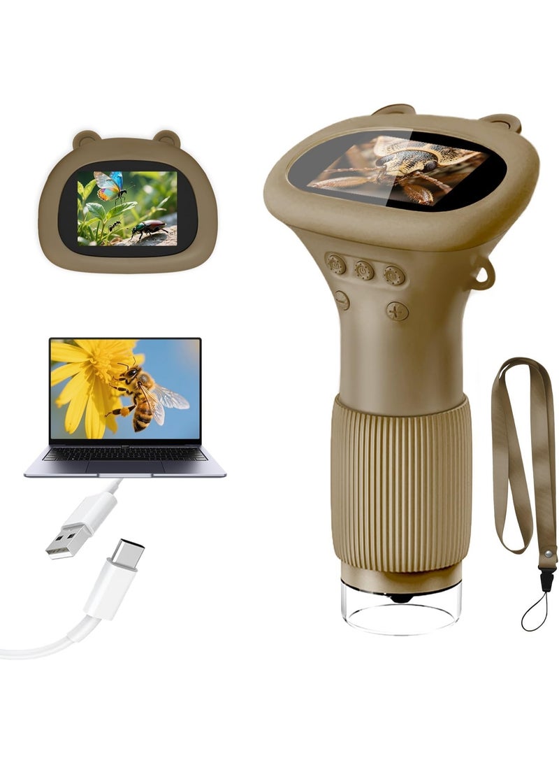 Microscope for Children, Digital Pocket Microscope with 2.0 Inch IPS Screen Magnifying Glass 200x Magnification, 8 LED Lights Mobile Phone Children's Microscope for Garden Toys - Brown - Image 1