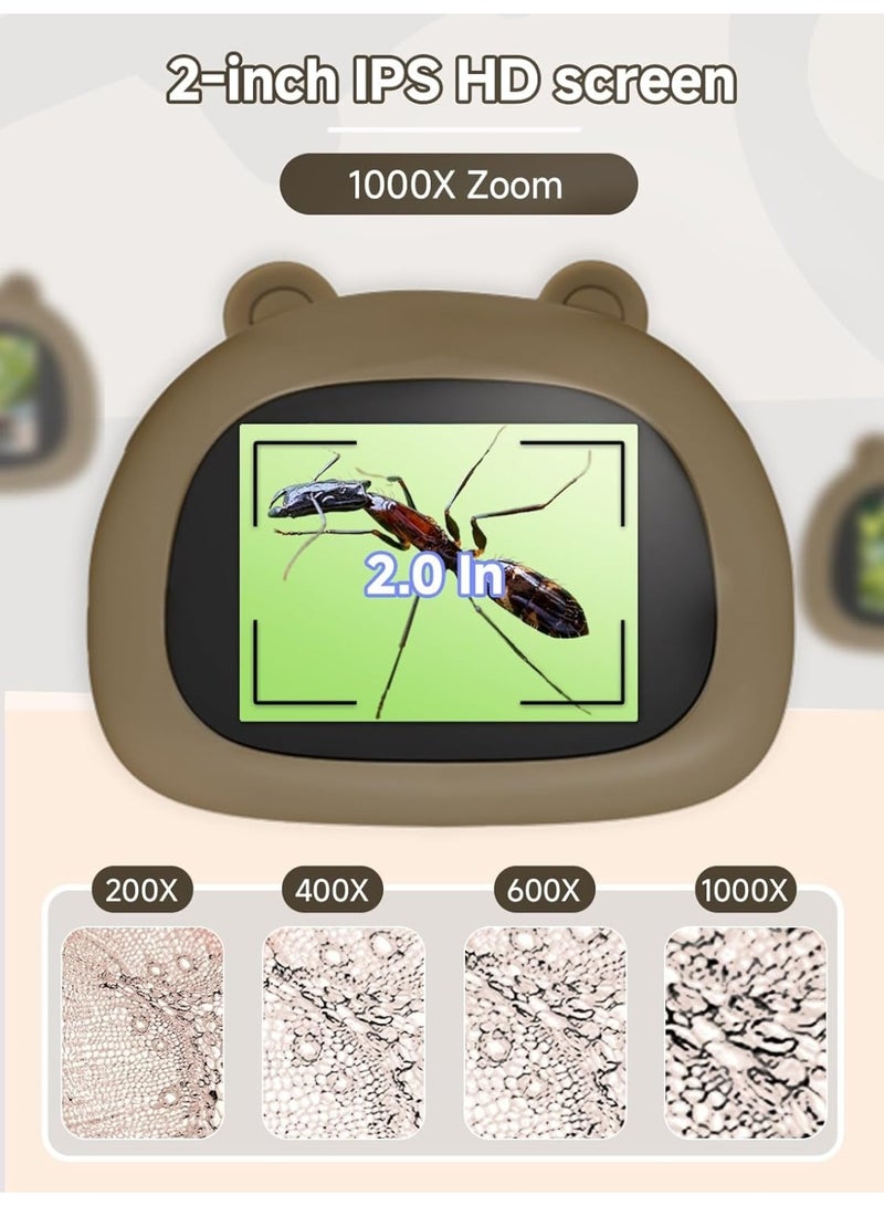 Microscope for Children, Digital Pocket Microscope with 2.0 Inch IPS Screen Magnifying Glass 200x Magnification, 8 LED Lights Mobile Phone Children's Microscope for Garden Toys - Brown - Image 2