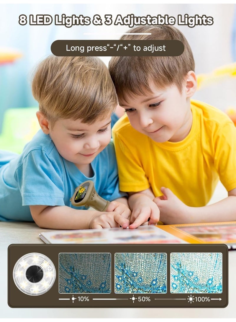 Microscope for Children, Digital Pocket Microscope with 2.0 Inch IPS Screen Magnifying Glass 200x Magnification, 8 LED Lights Mobile Phone Children's Microscope for Garden Toys - Brown - Image 3