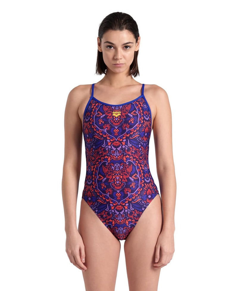 ARENA Performance Arabesque Womens Swimsuit Lace Back One Piece MaxLife Training Suit Athletic Ladies Bathing Suit Neon BlueBlue Multi US Size 28