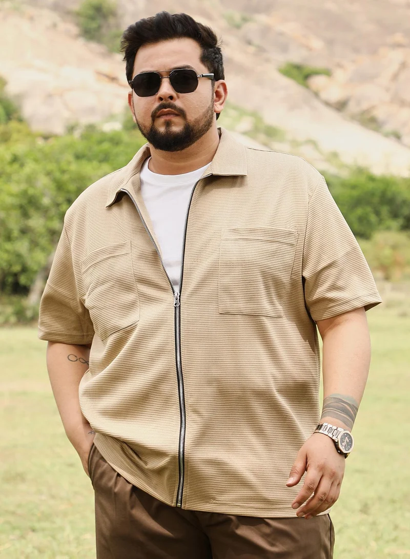 Instafab Plus Instafab Men's Khaki Beige Waffle-Utility Casual Shirt | Spread Collar , Short Regular Sleeves , Zipper Closure | Solid Waffle | Cotton-Blend Shirt For Casual Wear