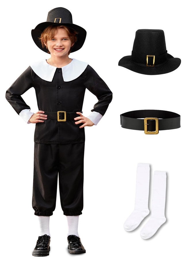 BesserBay Child Boys Black Pilgrim Peter Pan Collar Puritan Top Shirt with White Socks Black Colonial Pants Belt Outfit Matching Cap 10 Years - Image 1