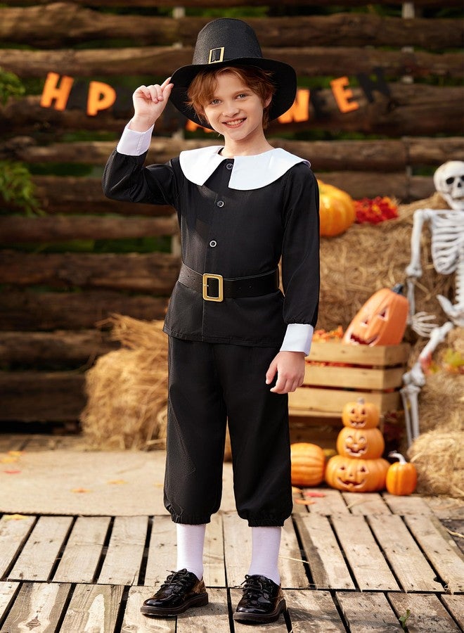BesserBay Child Boys Black Pilgrim Peter Pan Collar Puritan Top Shirt with White Socks Black Colonial Pants Belt Outfit Matching Cap 10 Years - Image 2
