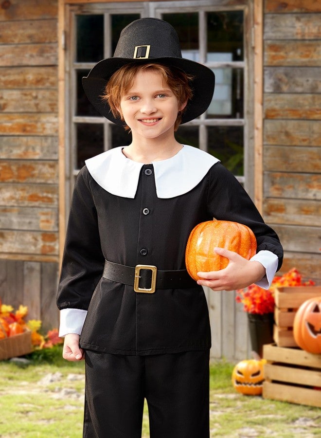 BesserBay Child Boys Black Pilgrim Peter Pan Collar Puritan Top Shirt with White Socks Black Colonial Pants Belt Outfit Matching Cap 10 Years - Image 4