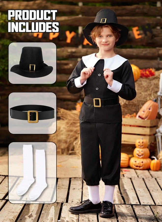 BesserBay Child Boys Black Pilgrim Peter Pan Collar Puritan Top Shirt with White Socks Black Colonial Pants Belt Outfit Matching Cap 10 Years - Image 3