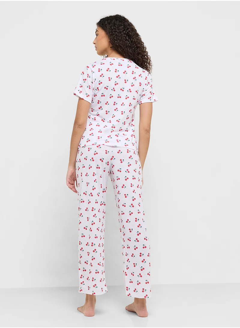 Ginger Cotton Cherry Print T-Shirt & Pyjama Set