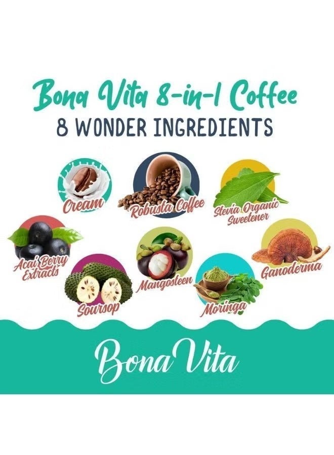 بي في Bona Vita 8-in-1 Superfood Coffee Drink with Soursop, Moringa, Mangosteen, Guyabano, Acai Berry & Ganoderma  100٪ كل تعزيز الطاقة الطبيعية، دعم المناعة، مضادات الأكسدة الغنية  نباتية وغير المعدلة وراثياً - Image 3
