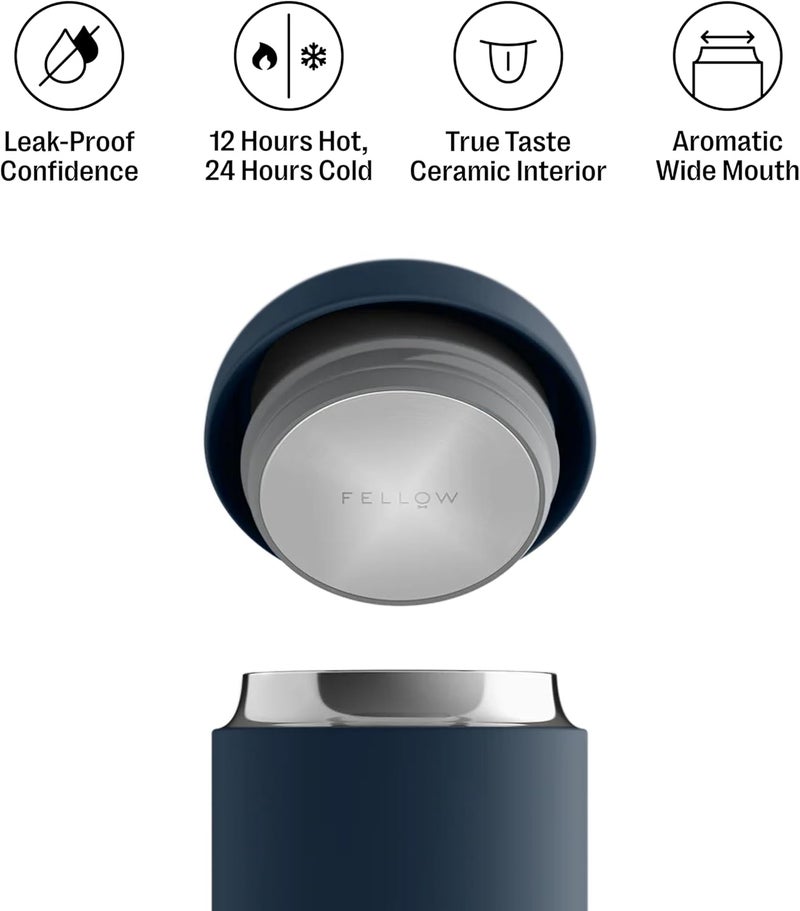 Fellow 12 oz Carter Wide Travel Mug  Wide Mouth VacuumInsulated Stainless Steel Coffee Mug  Tea and Coffee Tumbler  Travel Coffee Mug with Ceramic Interior  Stone Blue - Image 2