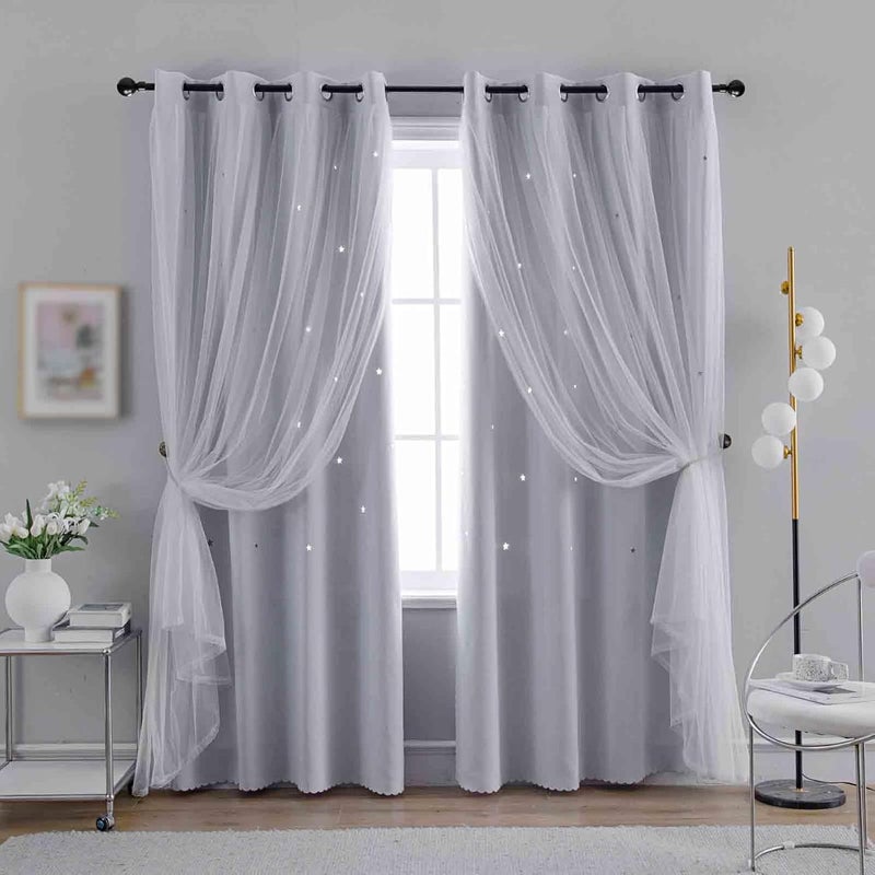 ANYTIME Romantic Kids Curtain,Hollow-Out Stars Window Curtain Double Layer Blackout Curtains for Girls Bedroom Kids Room 2Panel,(W52 x L95,Greyish White) - Image 1